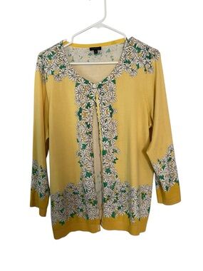 Talbots SzL Yellow Cotton Blend Cardigan with White Daisy Trim and Green Accents
